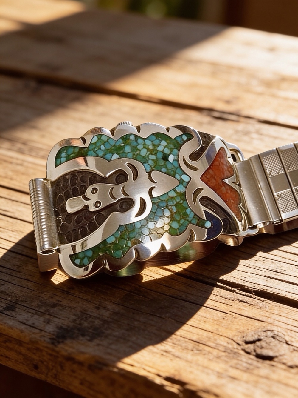 Men’s Sterling Navajo Turquoise/Coral Inlay Thunderbird Tips/Band Signed SD - Picture 5 of 14